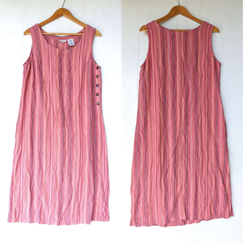 VINTAGE pink striped linen pinafore overall midi dress Cottagecore Size 16